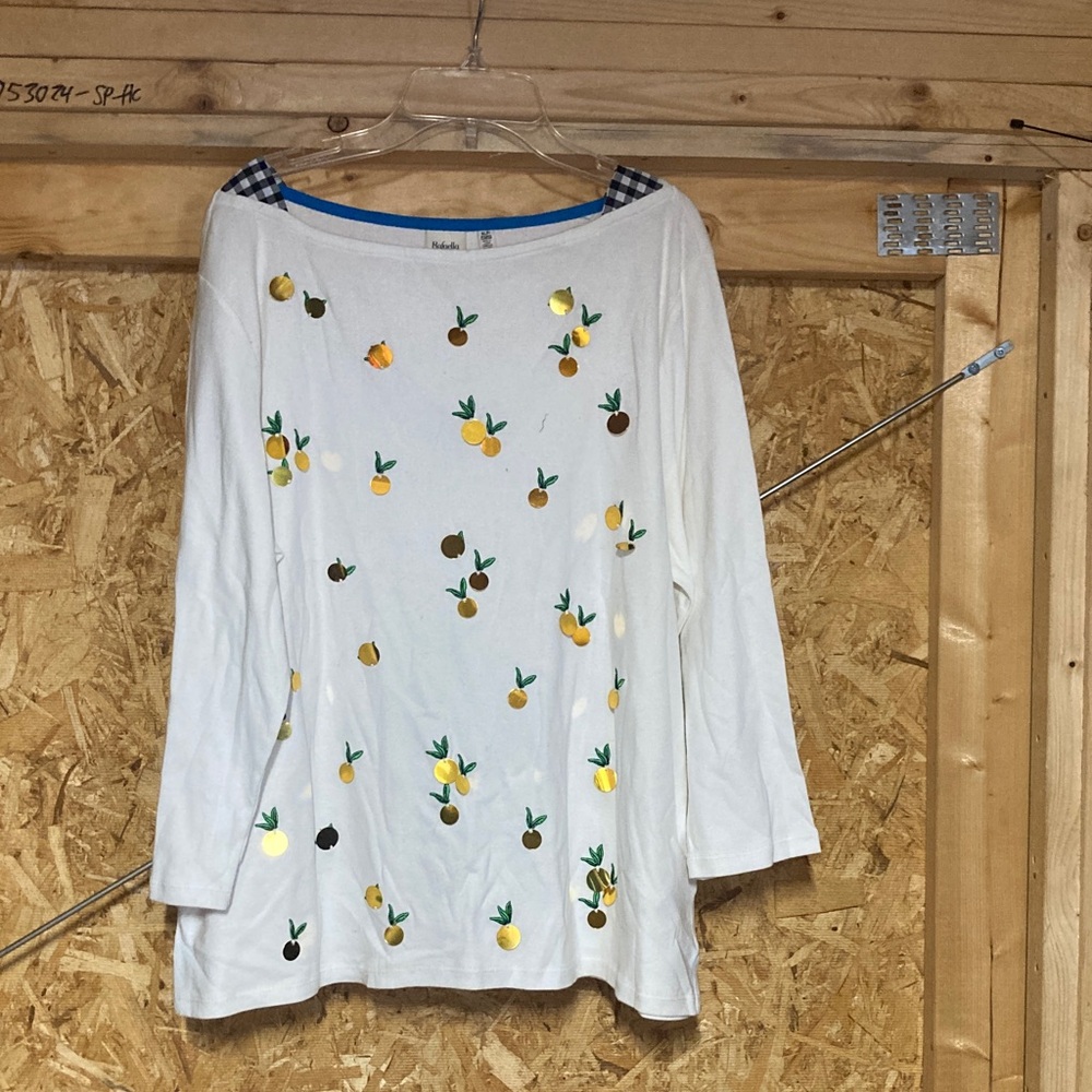 RAFAELLA/White Long Sleeve Top with Pineapple Print